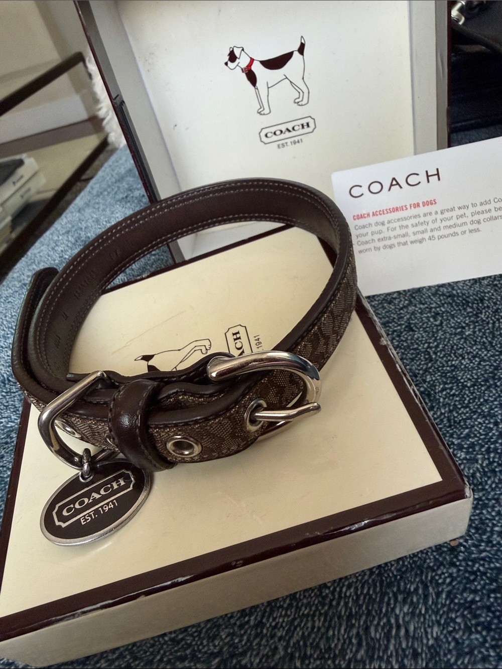 Coach Brown Signature Leather Pet Collar with Polished Hardware